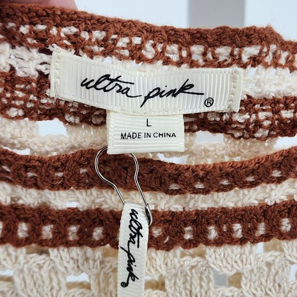 Ultra Pink Womens L Crochet Top Pants Set Boho 2 Piece Outfit Brown Cream Knit - Picture 4 of 11